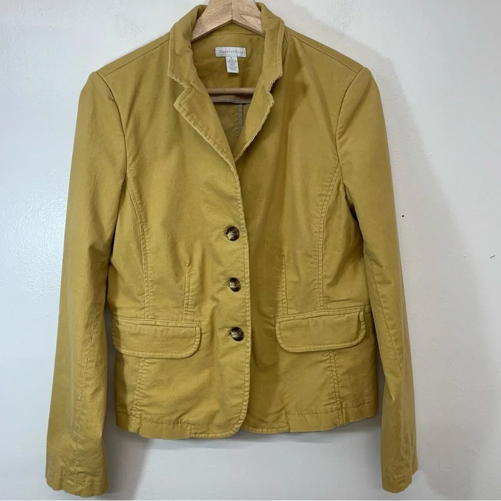 Charter Club Jacket Woman Size 4 Corduroy Mustard Yellow Buttons Pockets Blazer